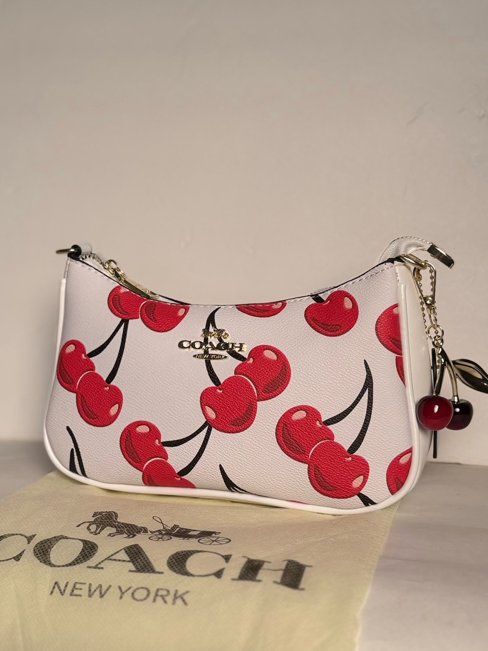 Coach White Leather Mini Bag with Red Cherry Print